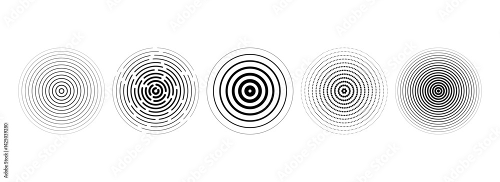 Poster Black concentric circle collection. Dotted and dashed round sound wave set. Epicenter, target, radar, sonar icon concept. Radial radio signal or vibration elements. Linear halftone symbols. Vector