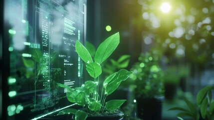 Green plant in pot near futuristic screen displaying data.
