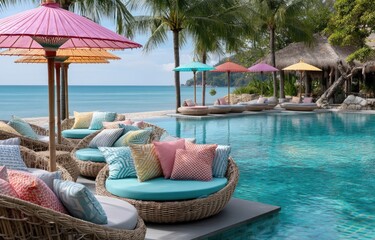 An outdoor seating area with comfortable sofas and colorful umbrellas, set against the backdrop of palm trees and an exotic pool