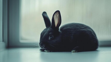 Obraz premium Black bunny resting by window