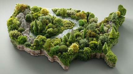 Detailed map of the united states featuring lush green trees symbolizing environmental impact and climate awareness
