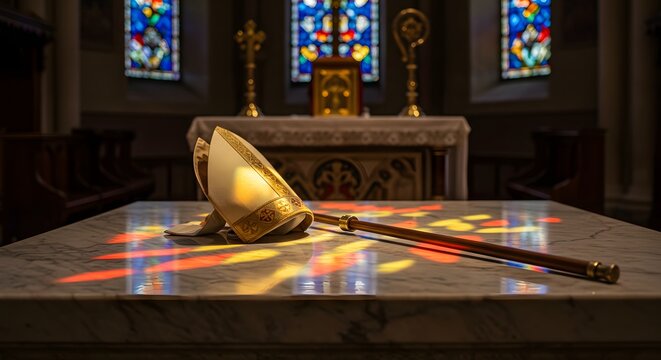Episcopal mitre and crosier on a marble altar, bathed in the colorful light of stained glass.