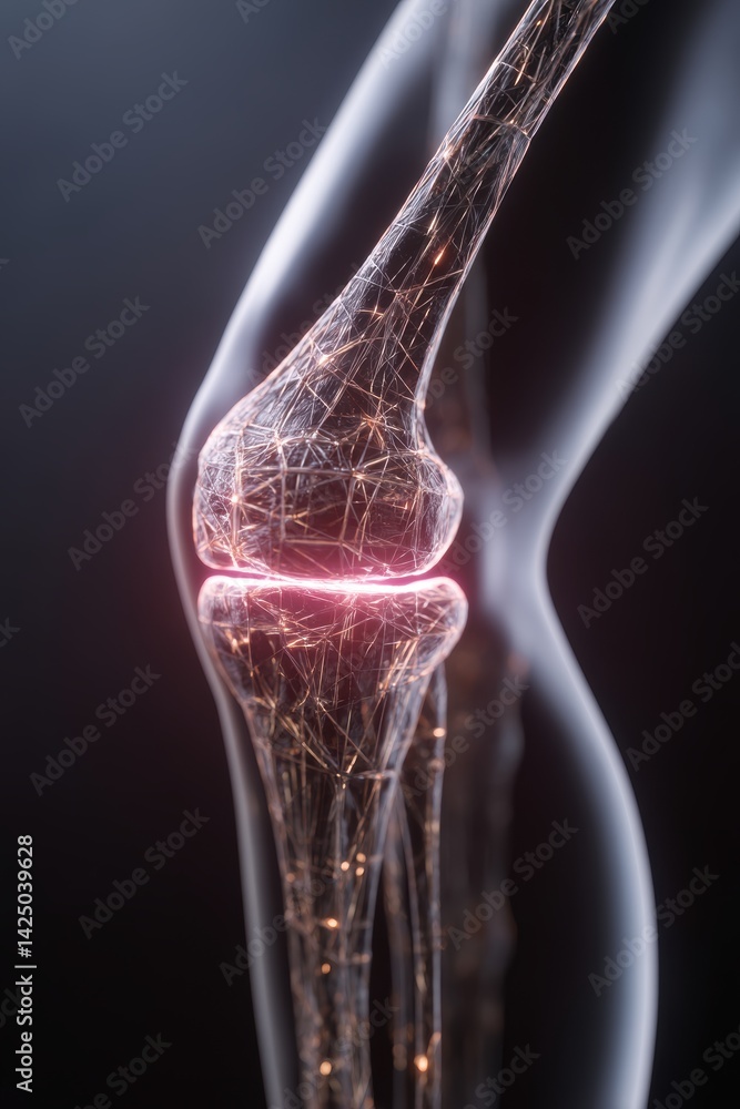 Poster Artistic Rendering of a Knee Joint with Interconnected Fibers Illuminating the Anatomy on a Dark Background