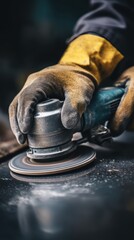 Close Up of Manual Sanding and Polishing Metal Surface with Power Tool for Industrial Craftsmanship