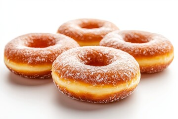 Fototapeta premium Four fresh donuts sprinkled with a generous covering of powder