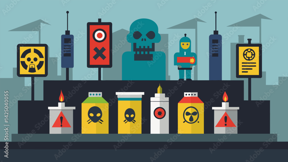 Poster a row of stands display a variety of fearbased products from selfdefense gadgets to doomsday prepara