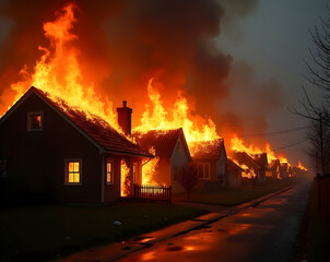 A Devastating Inferno Consumes Residential Homes as Flames Engulf Structures and Thick Smoke Billows into the Sky Casting an Eerie Glow on the Neighborhood