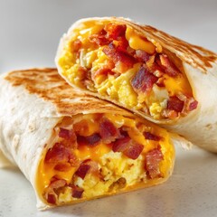 Delicious breakfast burrito halved showcasing bacon egg and melted cheddar cheese in warm tortillas