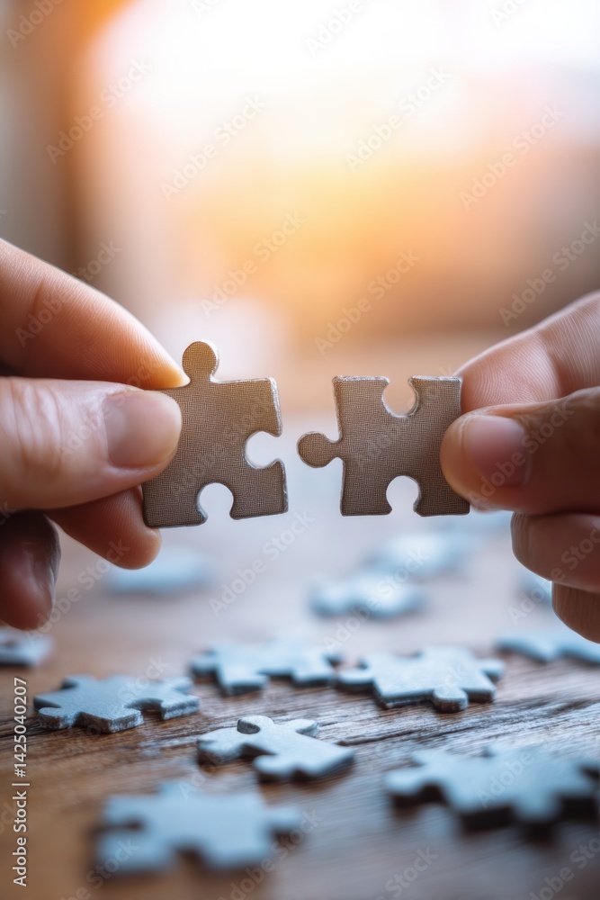Poster Hands Connecting Two Puzzle Pieces in Warm Light on Wooden Table Success and Teamwork Concept