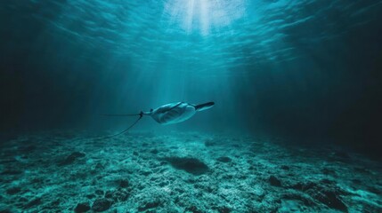 Underwater view with a floating object and sun rays filtering down. Teal water and textured seabed create an ethereal atmosphere