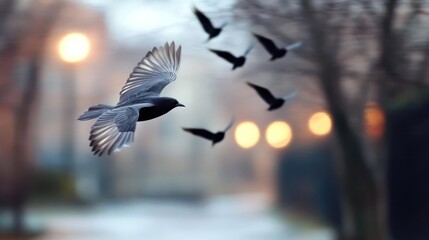 A flock of birds in flight against a blurred city street background with bokeh lights. The lead bird is in sharp focus with visible details