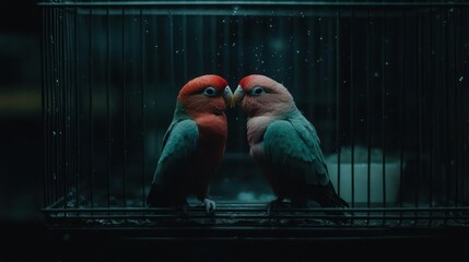 Two colorful parrots in a cage, dark and moody lighting creates an intimate atmosphere, with pixelated effect, suggesting an artistic or nostalgic aesthetic