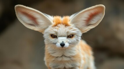 Close-up portrait of a fox with large ears and golden-brown fur. The animal gazes directly at the viewer with intense eyes against a blurred background