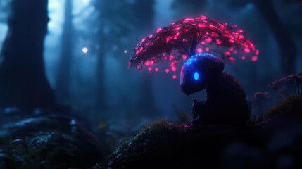 Enigmatic forest scene featuring a pixelated creature under a glowing pink tree. Dark, moody atmosphere with blurred background and vibrant lighting