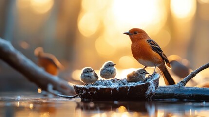A detailed shot of an orange bird perched next to three small birds on a log with a blurred background in natural lighting