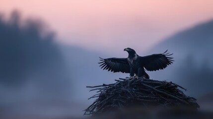 Majestic bird perched on a nest with outstretched wings set against a soft pink and blue sunrise background