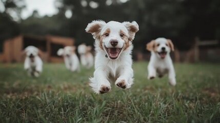 Joyful puppies leaping through the air on green grass with blurred background. Captures of playful dogs in an outdoor setting. Focus on one puppy with open mouth in mid-air