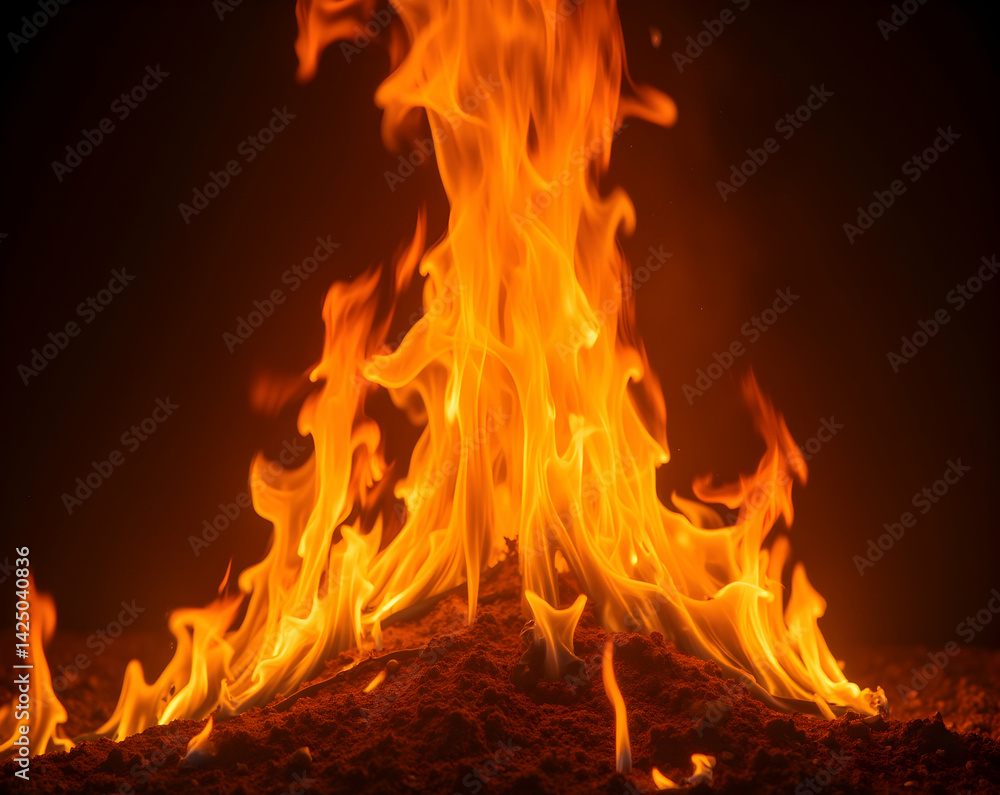 Poster a fiery spectacle showcasing a dynamic burst of flames, sharp and intensely orange, dancing upwards 