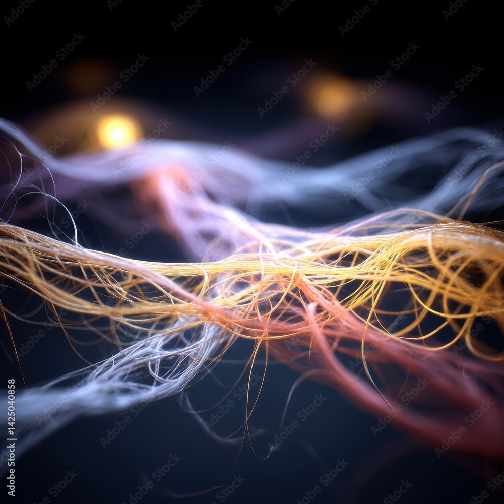 Poster Abstract rendering of flowing luminous strings against dark backdrop capturing ethereal elegance and depth