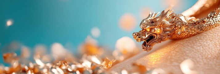 Close-up of a gold dragon ring resting on a person's skin against a bokeh turquoise background with scattered confetti creating a festive atmosphere