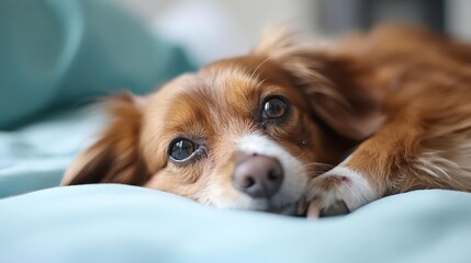 Close-up portrait of a brown dog with intelligent eyes resting on a soft turquoise blanket creating a serene atmosphere