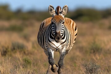 A close-up shot of a zebra running directly toward the camera with a blurred natural background. The animal's distinctive black and white stripes are prominent and the low angle gives a dynamic