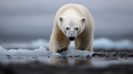 Generic animal walking on melting ice in a cold environment with a blurred background. White fur with water droplets under a cloudy sky, wildlife scenery