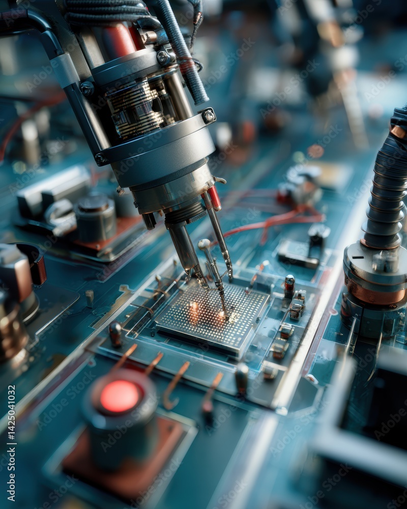 Poster Advanced Technology in Semiconductor Production Precision Robotic Arm Soldering Microchip with Laser Focus