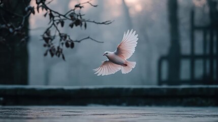 A bird in flight against a blurred background in soft focus and pastel hues. The bird's wings are spread revealing intricate feather details. The scene evokes a sense of peace and serenity