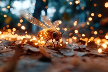 A close-up view features a glowing insect with textured wings and body amidst scattered leaves and bokeh lights. The scene is illuminated with warm, golden tones and a soft background