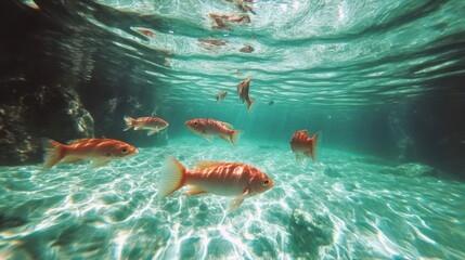 Underwater view showcasing several vibrant reddish-orange fish swimming amongst the clear turquoise water with sun rays and sandy seabed