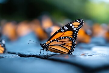 Close-up view of a butterfly with vibrant orange and black wings perched on a surface. Shallow depth of field with blurred background