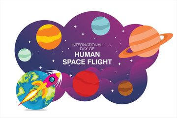 Vector illustration of a rocket launching from Earth into outer space, celebrating the International Day of Human Space Flight. Surrounded by colorful planets and stars in a vibrant cosmic background.