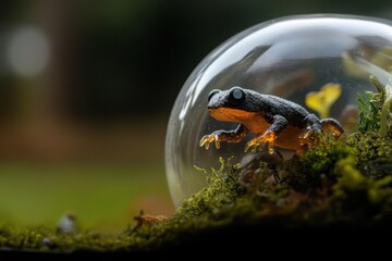 A small creature within a glass sphere rests amidst moss and small plants against a blurred natural backdrop. The creature displays a vibrant orange underbelly with a dark speckled top. Shallow focus