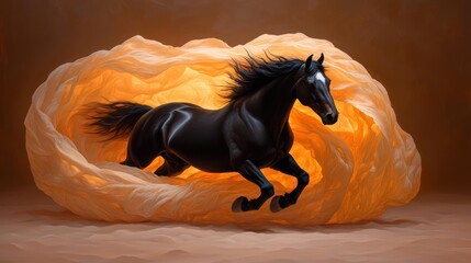 Generic animal gallops through a glowing swirling structure on a brown background. Dramatic lighting enhances the animal's form and texture