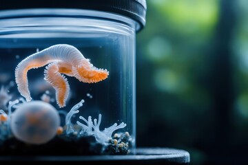 A detailed shot of an invertebrate creature inside a transparent glass container against a blurred green background. The creature has a unique form with a vibrant color and intricate details