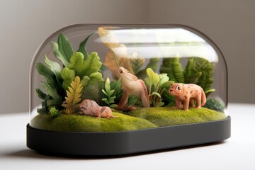 Miniature diorama of a prehistoric scene under a glass dome showcasing detailed plant life and model animals on a grassy surface against a neutral backdrop