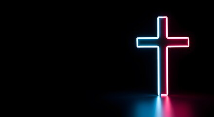 Obraz premium Illuminated Cross against Dark Backdrop with Cyan and Magenta Glow, a Symbol of Faith