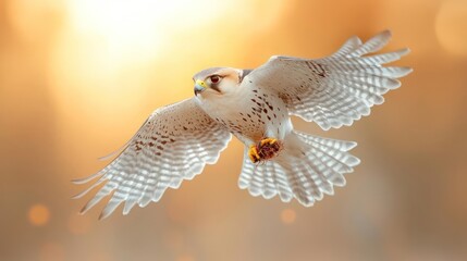 A generic bird of prey soaring with wings spread against a warm orange and yellow bokeh background