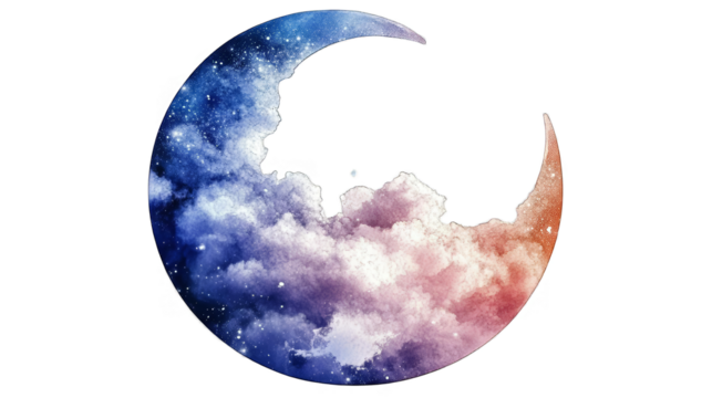 Abstract Illustration of a Colorful Cloud-Filled Moon Shape on Transparent Background