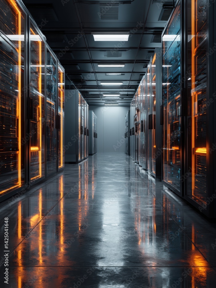 Poster Data center server room featuring rows of illuminated racks and a modern technology infrastructure abstract view