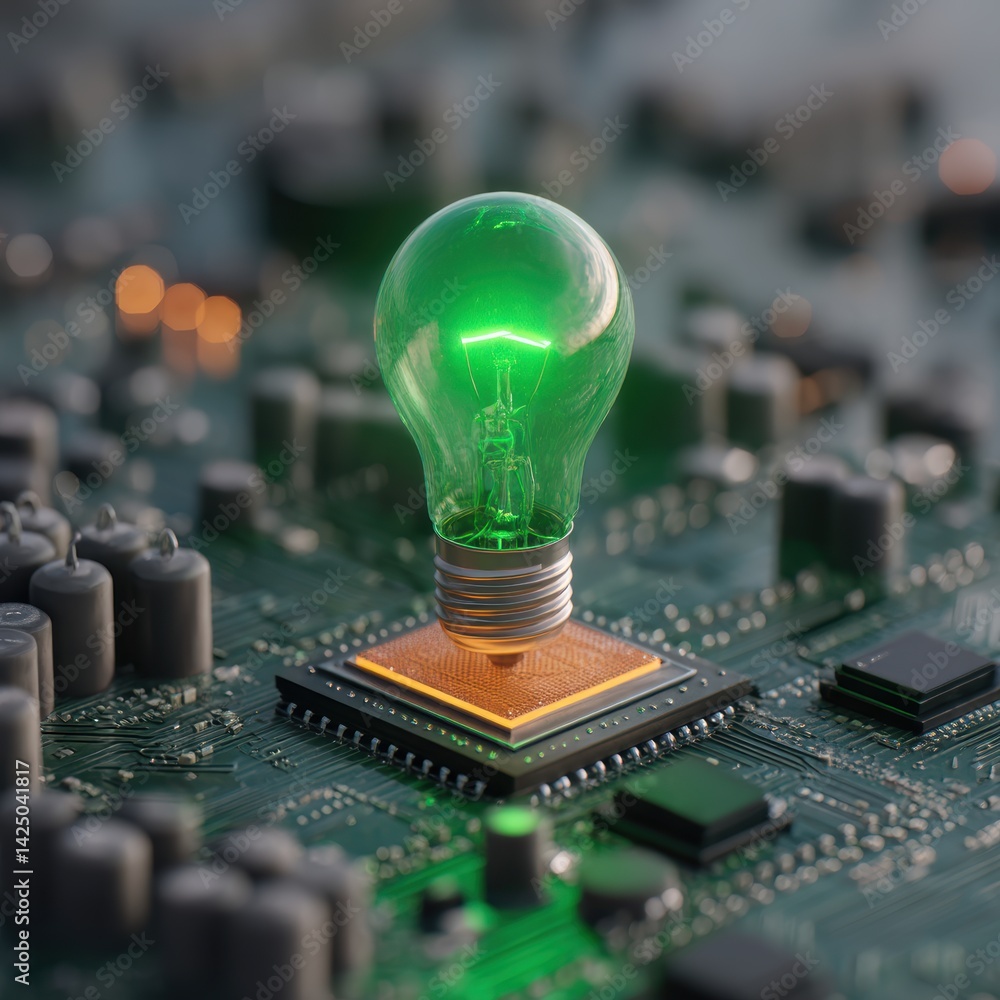Leinwandbilder Concept of digital innovation with green lightbulb on computer chip symbolizes sustainable tech advancement
