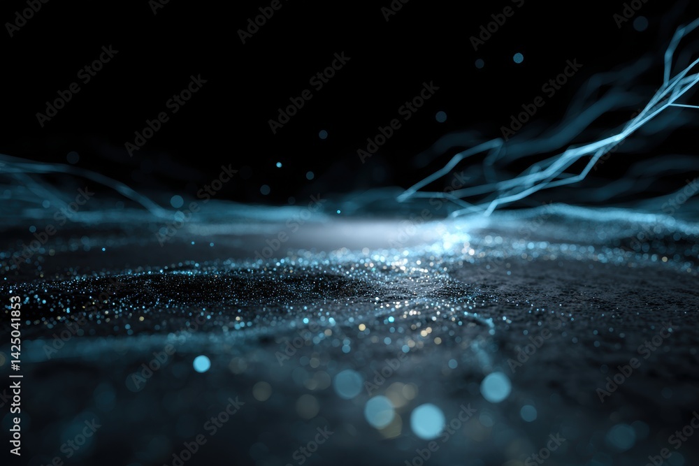 Aufkleber Abstract cosmic landscape with glowing particles and threads simulating the universe energy in a dark scenic black background