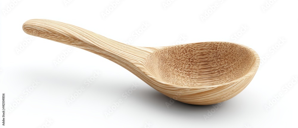 Poster handcrafted wooden spoon with unique grain pattern on white background studio shot for tableware des