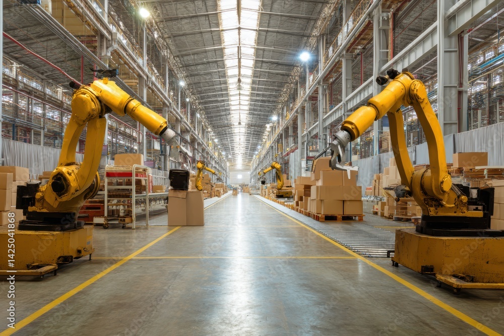 Leinwandbilder automated warehouse robotic arms operating in a modern factory for box distribution and transportati