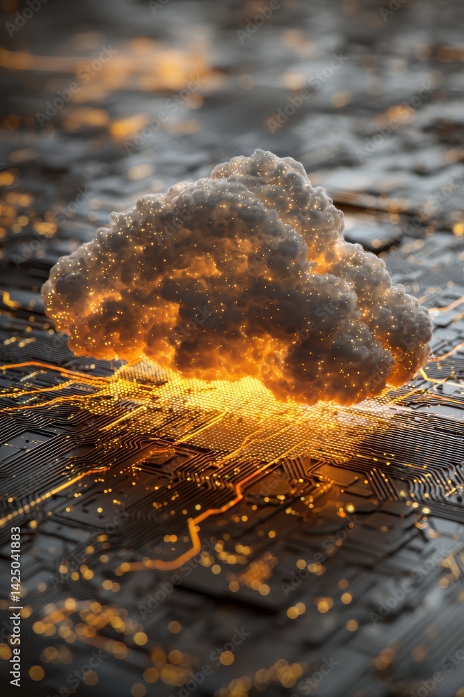 Fototapete glowing digital cloud network on circuit board technology connecting future data storage and cyber s