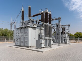 Electrical substation with power transformers providing electricity to the city under the serene blue sky