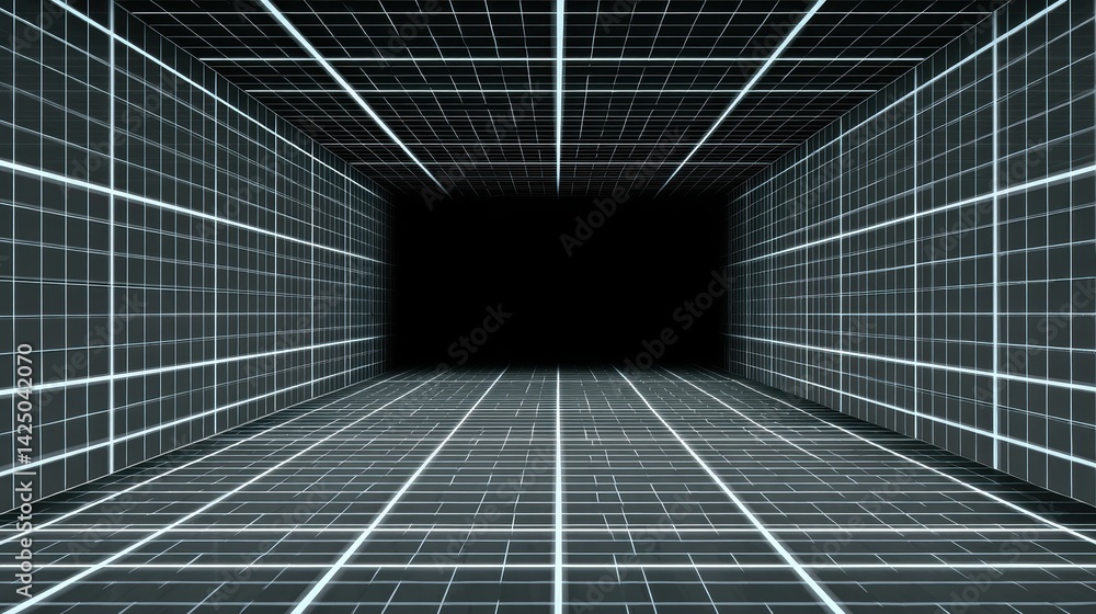 Poster geometric perspective on dark gray background with neon grid illumination cyberpunk sci fi aesthetic