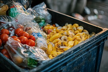 Assortment of discarded food items in a large plastic bin