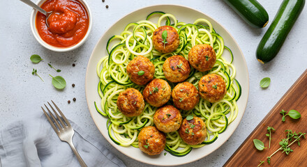 Chicken Meatballs With Zucchini Noodles Served With Marinara Sauce From Above